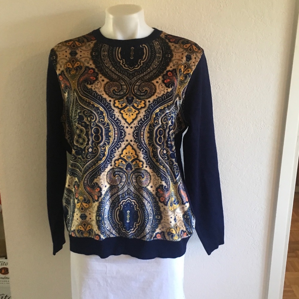 YAL Navy Paisley Crewneck Sweater Sz L NWT